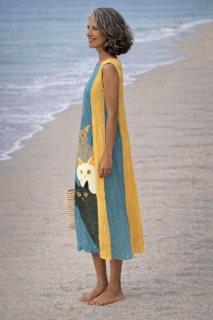 Paola | Vestido vintage con estampado artístico de gatos divertidos