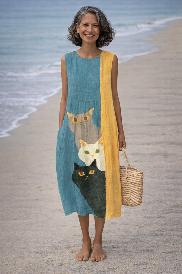 Paola | Vestido vintage con estampado artístico de gatos divertidos