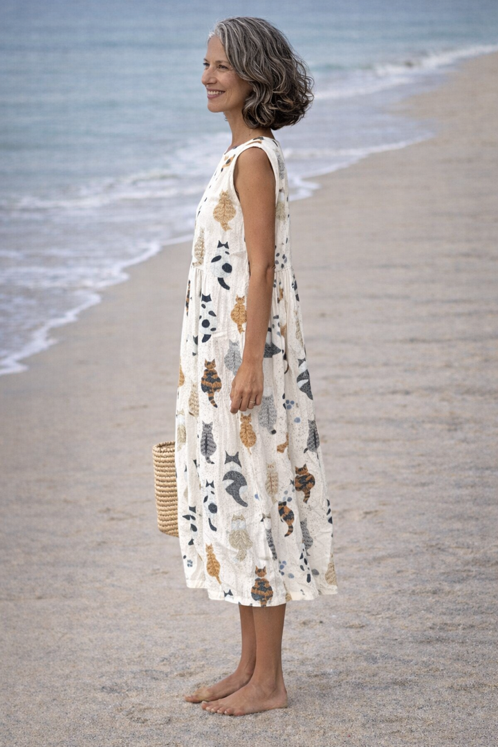 Alina | Vestido midi con estampado de gatos lindos