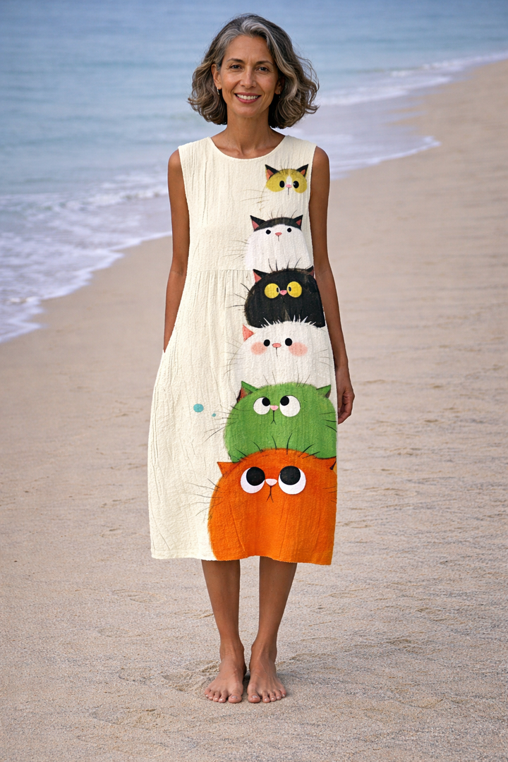 Zoé | Vestido midi con estampado de gato lindo