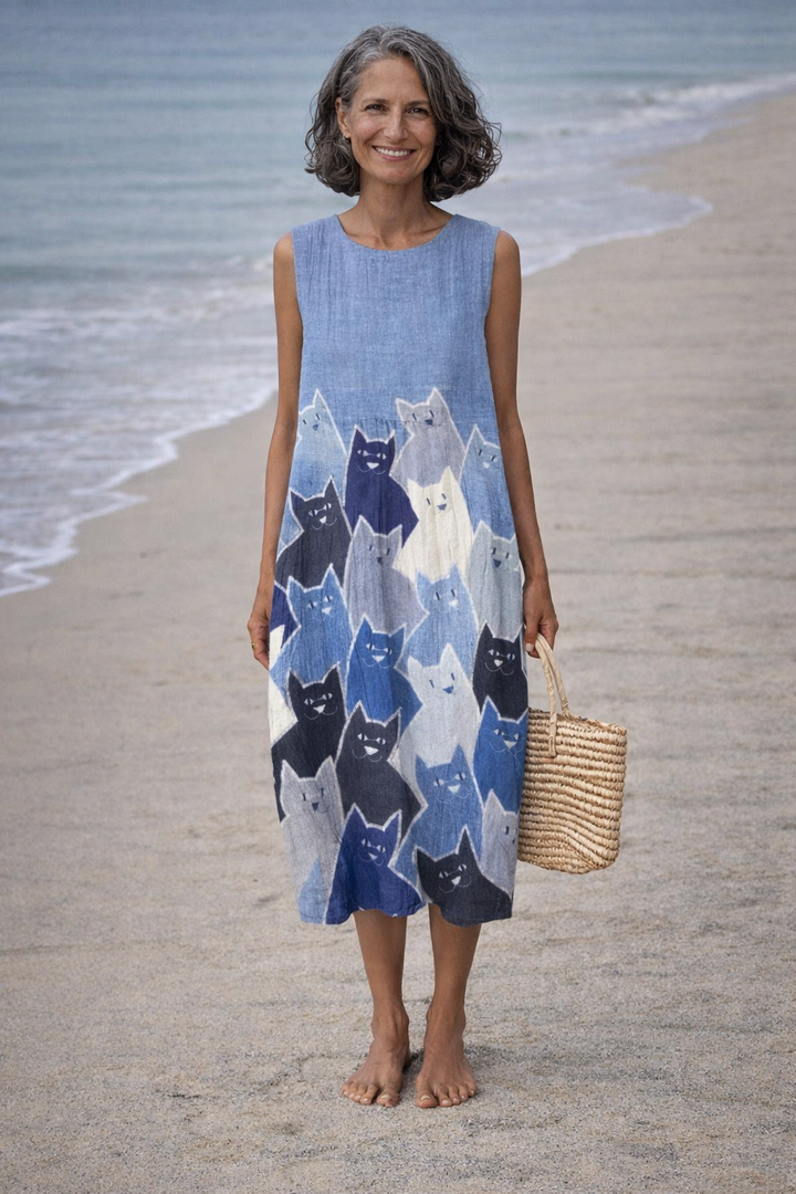 Avellana | Vestido midi con arte patchwork de gatos