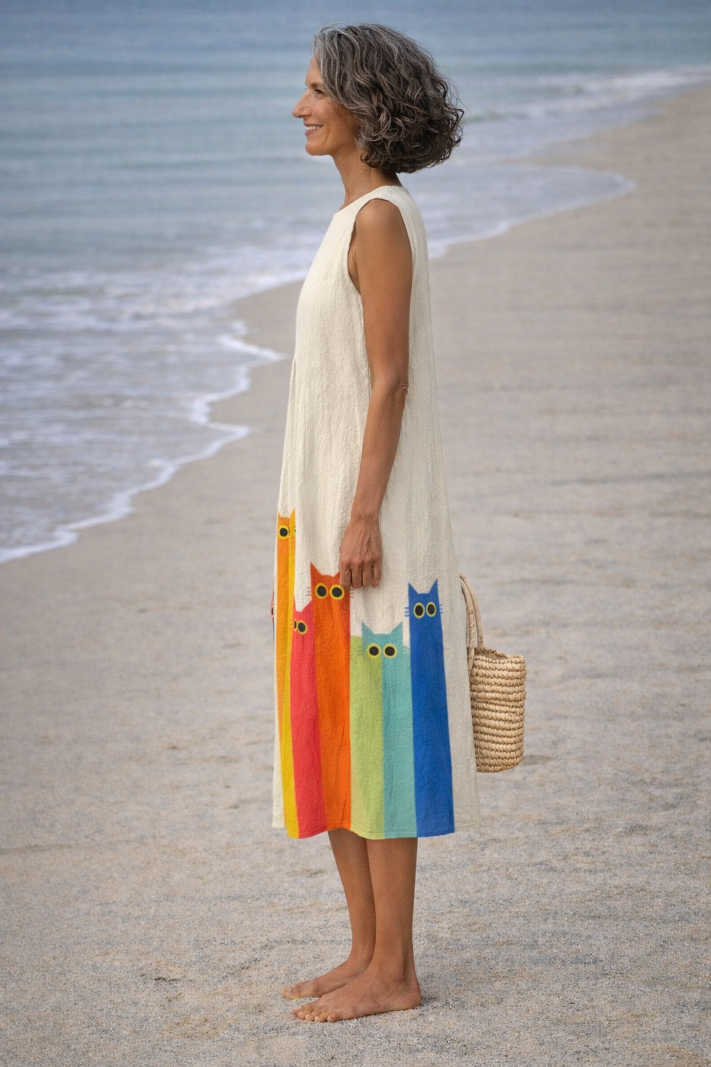 Penélope | Vestido midi con arte de gatos coloridos