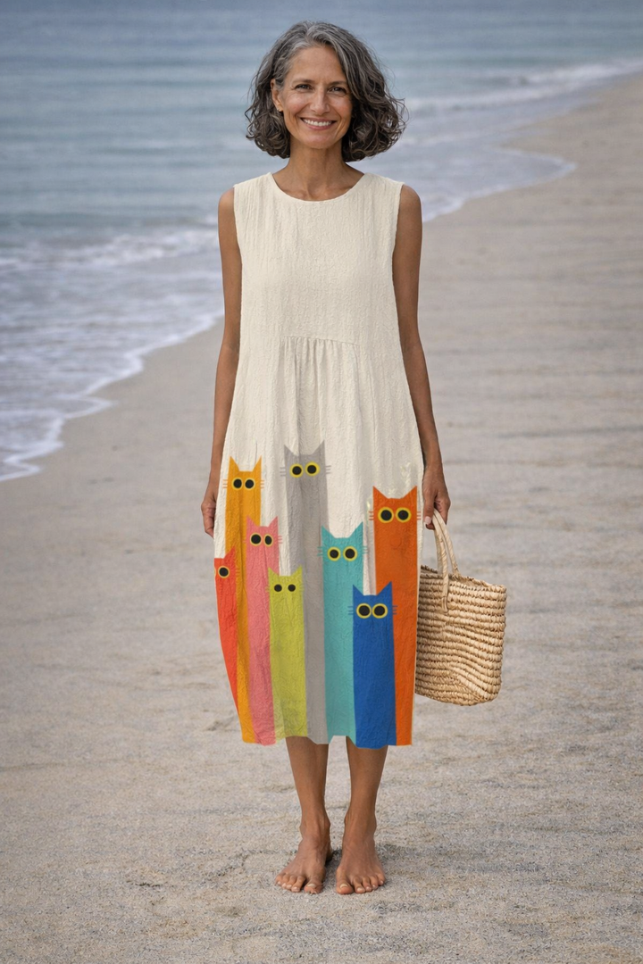 Penélope | Vestido midi con arte de gatos coloridos
